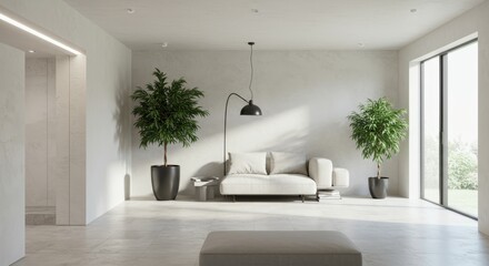 Fototapeta premium Modern Minimalist Living Room Design with Potted Plants - Clean lines, natural light, and minimalist furniture create a serene and stylish living space. The potted plants add a touch of nature