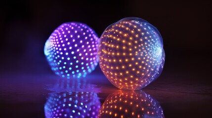 LED poi flow balls illuminated for nighttime psy-trance gatherings on a clean white background