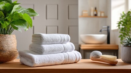 Soft white towels stacked on a wooden countertop in a modern bathroom.  Plants add a touch of greenery