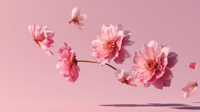 Delicate pink flowers in mid-air, soft pastel background