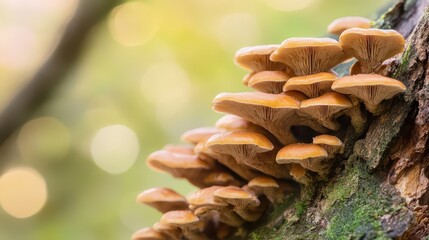 Fototapeta premium Colorful mushrooms growing on tree bark in forest