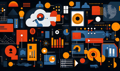 Obraz premium Graphic elements, icons, and charts in blocky shapes, blue, orange, black, and white, connected by lines