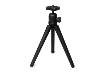 Compact black tripod supporting lightweight camera or smartphone on clear backdrop