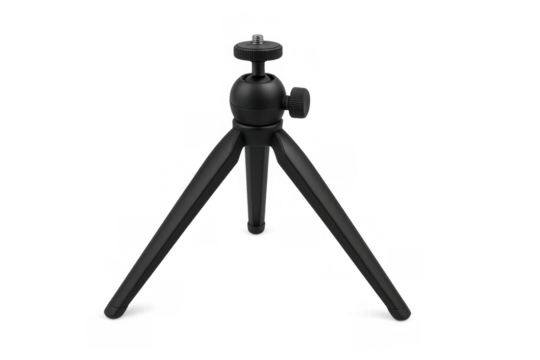 Compact black tripod positioned against white backdrop, stabilizing photographic equipment