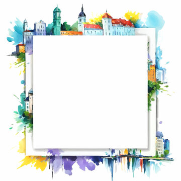 watercolor picture frame with city skyline and color splash vector illustration for insertion