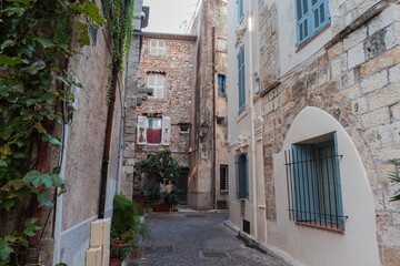 Narrow street decorated with ornamental plants in the old town