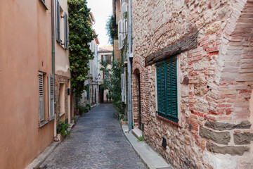 Narrow street decorated with ornamental climbing plants in old town