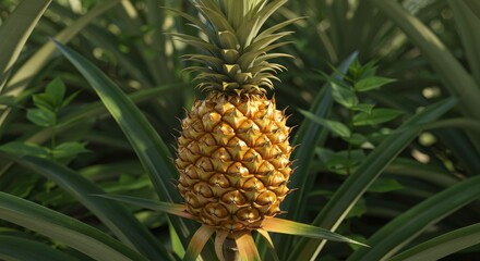 Obraz premium Ripe Pineapple in Plantation - Close-up of a single ripe pineapple growing in a lush green pineapple plantation