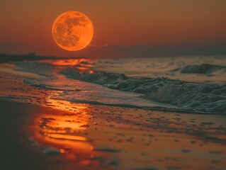 Orange moon over beach at sunrise