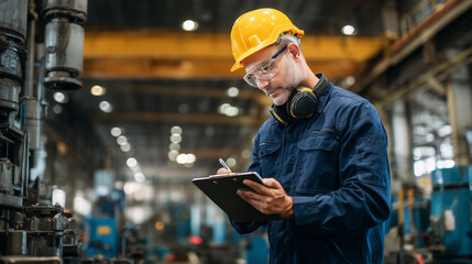 Industrial worker wearing safety equipment writing notes on clipboard while inspecting machinery in factory