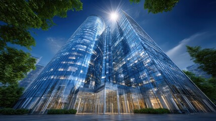 Modern skyscraper at night, illuminated glass facade reflecting light, urban backdrop, ideal for business or architecture themes.