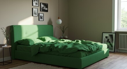 Serene Green Bedroom Haven - Peaceful bedroom, green bedding, sunlight, calm ambiance, restful sleep. Symbolizing tranquility, nature, renewal, comfort, and serenity