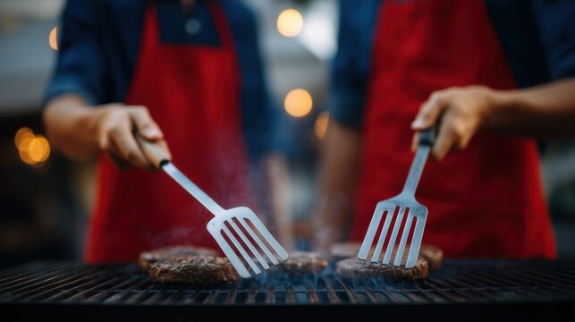Family barbecue grilling scene with father and son flipping burgers