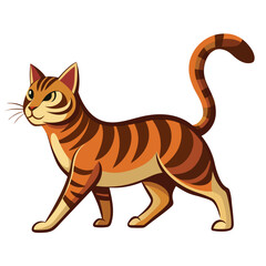 A tabby cat with a short, curved tail is captured mid-stride in profile view  on white background