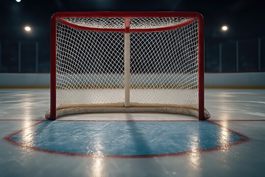 Anticipation of a dramatic goal moment in empty hockey rink at night