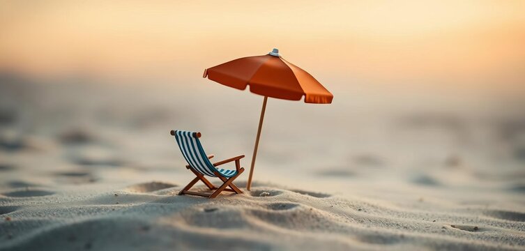 Tiny beach chair under a miniature umbrella on sandy beach, seashore, image