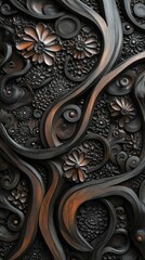 Intricate carved wood panel; floral, swirling patterns.
