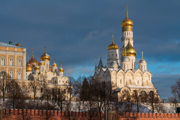 View of the architectural ensemble of the Kremlin Cathedral Square from the Moskva River...