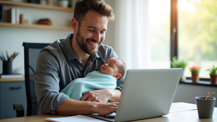 Fototapeta premium Father holding sleeping baby in his arms while working on laptop. Work at home, multitasking father, scene at desk.