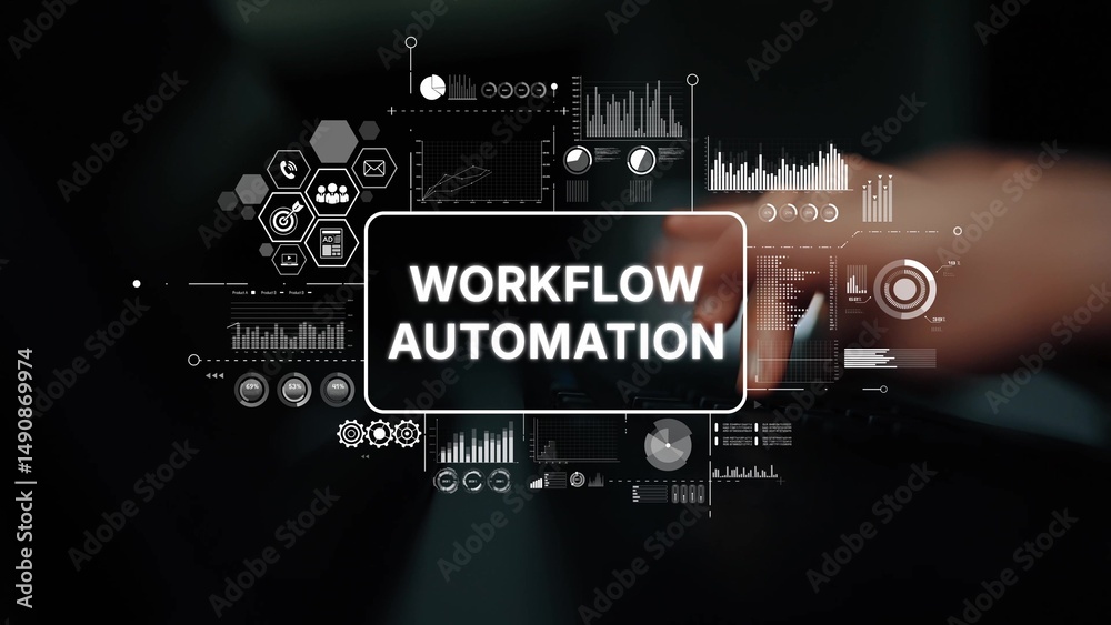 Poster Business Person Using Computer with Workflow Automation Graphics and Digital Data Visualization Elements in Office Setting. Asymptotic smart data analytic.