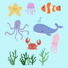 Set illustration of Under the sea life. Animals in ocean.