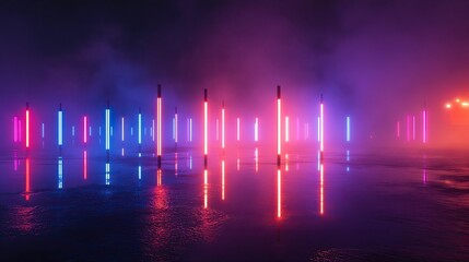 Neon lights reflect in still, hazy water.