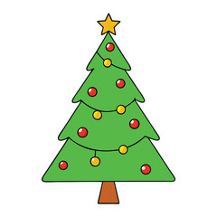 A hand-drawn Christmas tree decorated with ornaments, garlands, and a shining star on top, capturing festive holiday cheer in a charming and artistic style.
