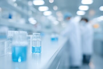 bright well-lit pharmaceutical laboratory with advanced equipment lab technicians working in white coats blur in background