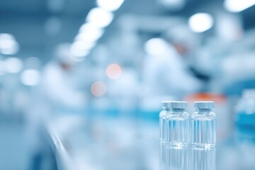 bright well-lit pharmaceutical laboratory with advanced equipment lab technicians working in white coats blur in background