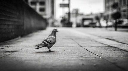 lone curious pigeon stands on quiet city sidewalk its gaze fixed forward amid urban scenery