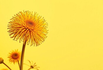 Obraz premium Sunburst-like dried craspedia globosa, vibrant yellow, beige background, dry flower arrangement, yellow