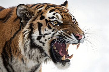 Fototapeta premium Majestic Tiger Roaring, Powerful Fangs, Isolated on White Background