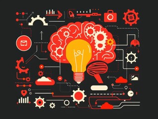 Abstract Brain and Lightbulb with Gears and Communication Icons on Black Background