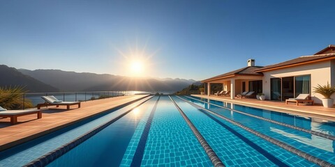 Fototapeta premium Sun-drenched luxury lap pool, mountain backdrop; spacious pool house, clear water, serene