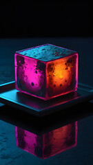 Obraz premium A glowing colorful square cube illuminated with vivid pink and orange hues on a dark reflective surface