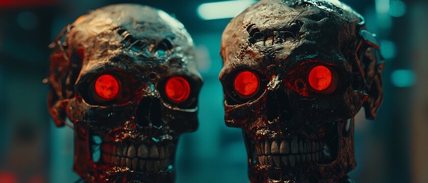 Futuristic confrontation: two cybernetic skulls with glowing red eyes