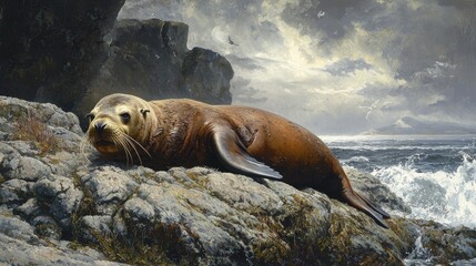 Obraz premium A resting sea lion on rocky coast, stormy seascape.