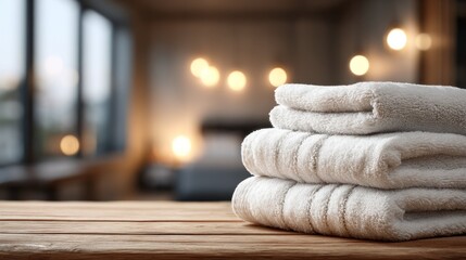 Obraz premium Stack of white towels on a wooden table in a modern bedroom
