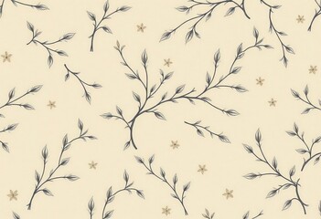Subtle beige grey vintage floral branch and leaf seamless pattern on fabric wallpaper, tone, organic