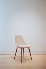 single elegant chair in empty well-lit gallery room against plain white wall