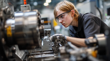 Skilled apprentice machining metal part on industrial lathe, wearing safety glasses in workshop training environment
