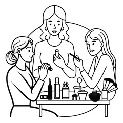 Three women are applying makeup together.