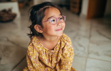 A closeup of a cute little girl wearing glasses, sitting on the floor at home in bright light. with a natural sun light background and a side view. 