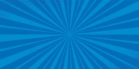 Blue comic sunburst effect background with halftone. Pop art comic-style vector background. Suitable for templates, sale banners, events, ads, web and pages