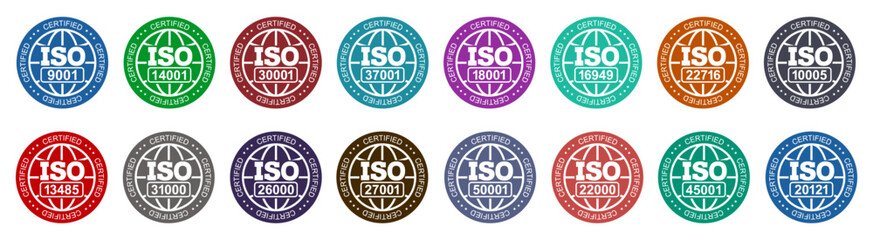 Obraz premium International Organization for Standardization stamp set: 9001, 14001, 3166, 2001, 13485, 18001, 22000, 26000, 27001, 31000, 45001, 50001. Set of popular ISO standards