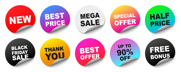 Offer sticker tag set. Sale promo sign. Curled round paper sticker with different advertising texts