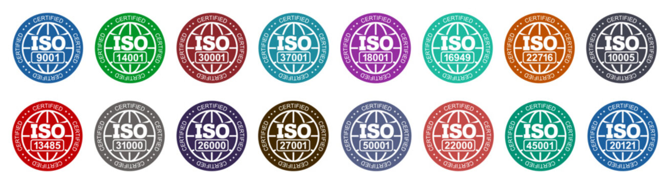 International Organization for Standardization stamp set: 9001, 14001, 3166, 2001, 13485, 18001, 22000, 26000, 27001, 31000, 45001, 50001. Set of popular ISO standards