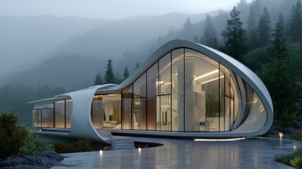 Obraz premium Futuristic curve house in misty mountain setting