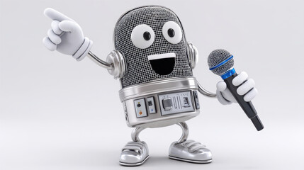 Cheerful animated character resembling microphone is singing joyfully, showcasing minimal design with friendly expression. This character is perfect for music related themes