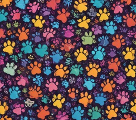 Vibrant doodle paw prints, colorful seamless repeat pattern,  adorable,  colorful